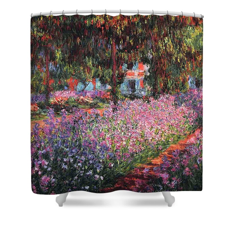 Claude Monet Shower Curtain featuring the painting Irises in Monet's Garden 01, 1900 by Claude Monet