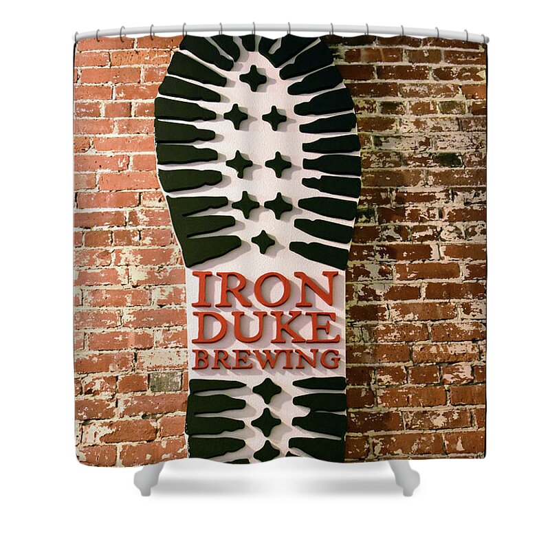 Iron Shower Curtain featuring the photograph Iron Duke Brewing Logo by Mike Martin