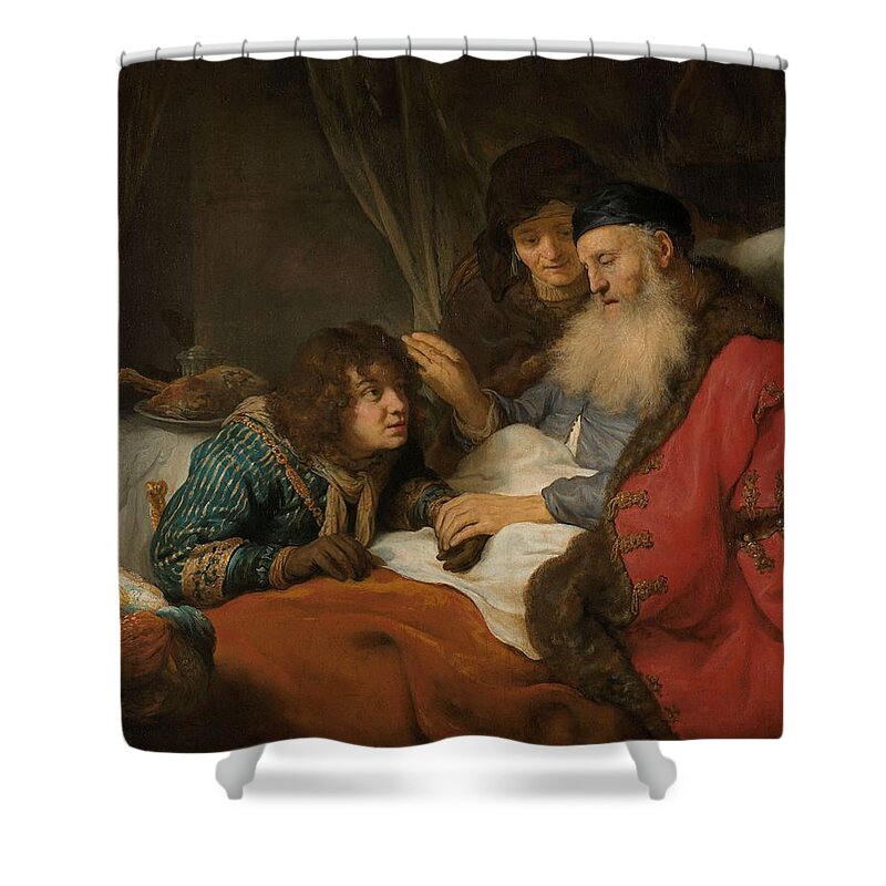 Isaac Blessing Shower Curtain featuring the painting Isaac Blessing Jacob, c. 1638 by Vincent Monozlay