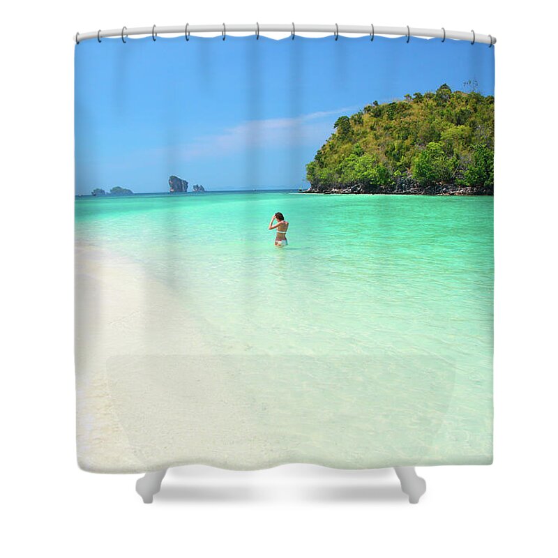 Southeast Asia Shower Curtain featuring the photograph Island Outcrop And Girl In Water At Tup by Peter Unger