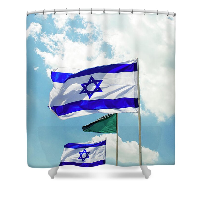 Flag Shower Curtain featuring the photograph Israeli Flags a1 by Amir Paz