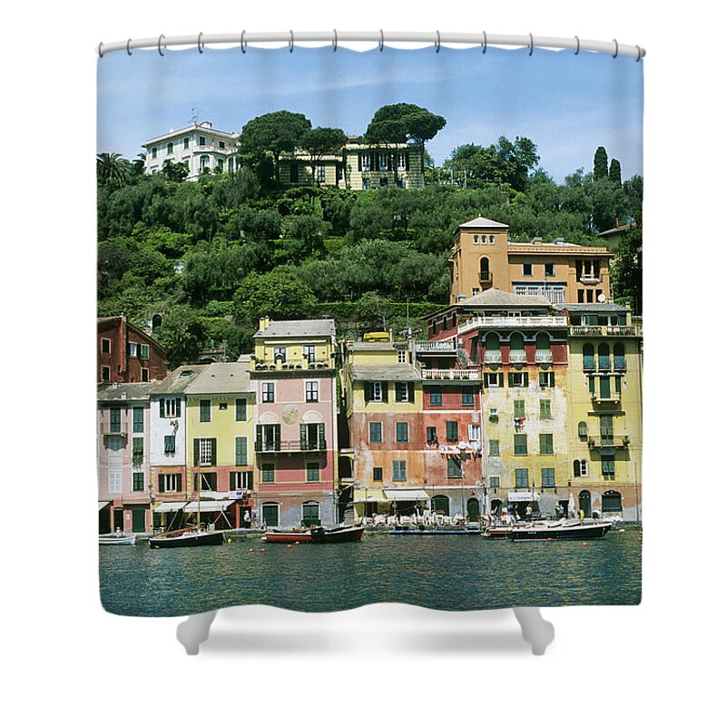 In A Row Shower Curtain featuring the photograph Italy, Liguria, Portofino, Houses By by Vincenzo Lombardo