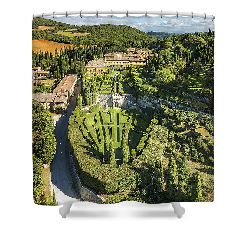 Estock Shower Curtain featuring the digital art Italy, Tuscany, Siena District, Val Di Chiana, Chianciano Terme, Villa La Foce, Aerial View By Drone by Guido Cozzi