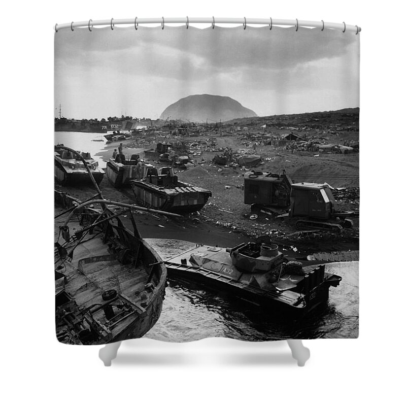 Iwo Jima Shower Curtain featuring the photograph Iwo Jima Beach Destruction by War Is Hell Store