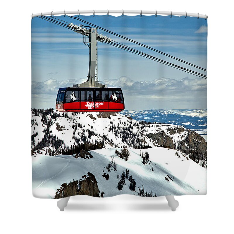 Jackson Hole Tram Shower Curtain featuring the photograph Jackson Hole Aerial Tram Over The Snow Caps by Adam Jewell