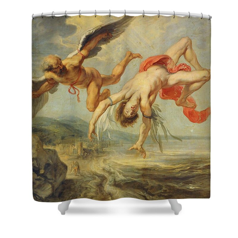 Daedalus Shower Curtain featuring the painting Jacob Peter Gowy / 'The Fall of Icarus', 1636-1637, Oil on canvas, 195 x 180 cm, P01540. DAEDALUS. by Jacob Peter Gowy -c 1615-c 1661-