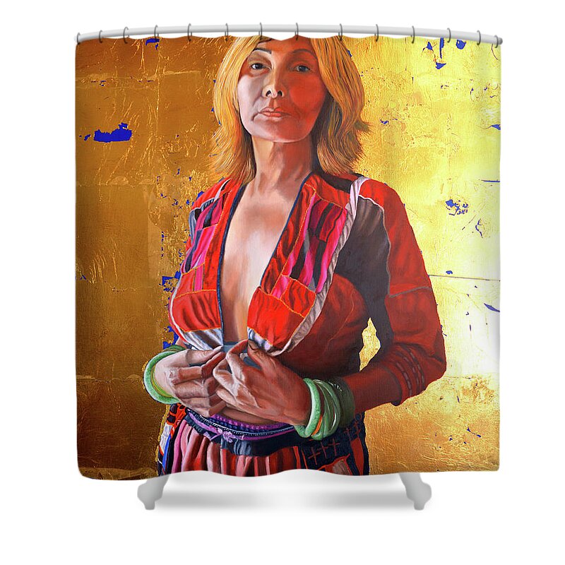 Hmong Woman Shower Curtain featuring the painting Jade Lady Life on the Edge by Thu Nguyen