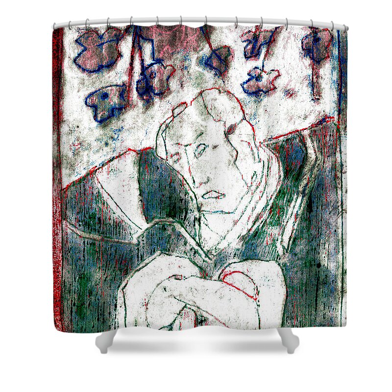 Japanese Shower Curtain featuring the relief Japanese Woodblock Pop Art Print 3rviv1 by Edgeworth Johnstone