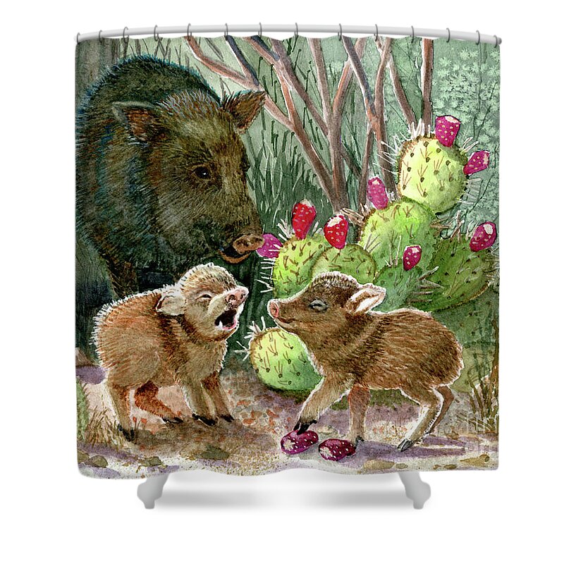 Javelina Shower Curtain featuring the painting Javelina Babies and Mom by Marilyn Smith