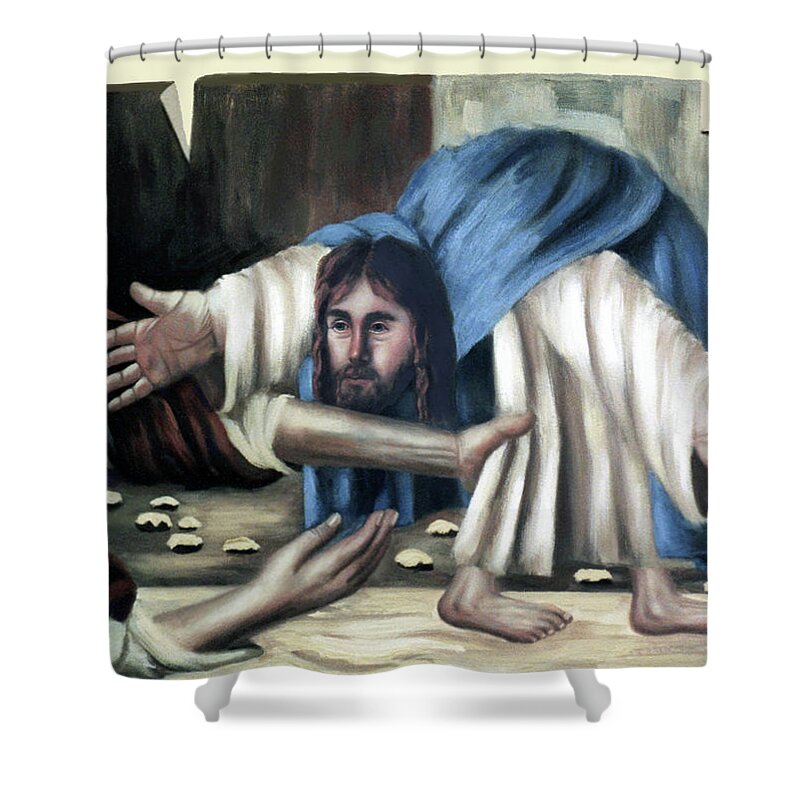 Cubism Shower Curtain featuring the painting Jesus And The Old Lady by Anthony Falbo