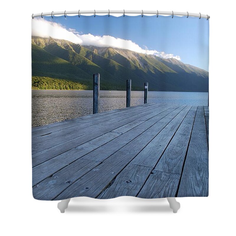 Water's Edge Shower Curtain featuring the photograph Jetty, Lake Rotoiti, Nelson Lakes by Lazingbee