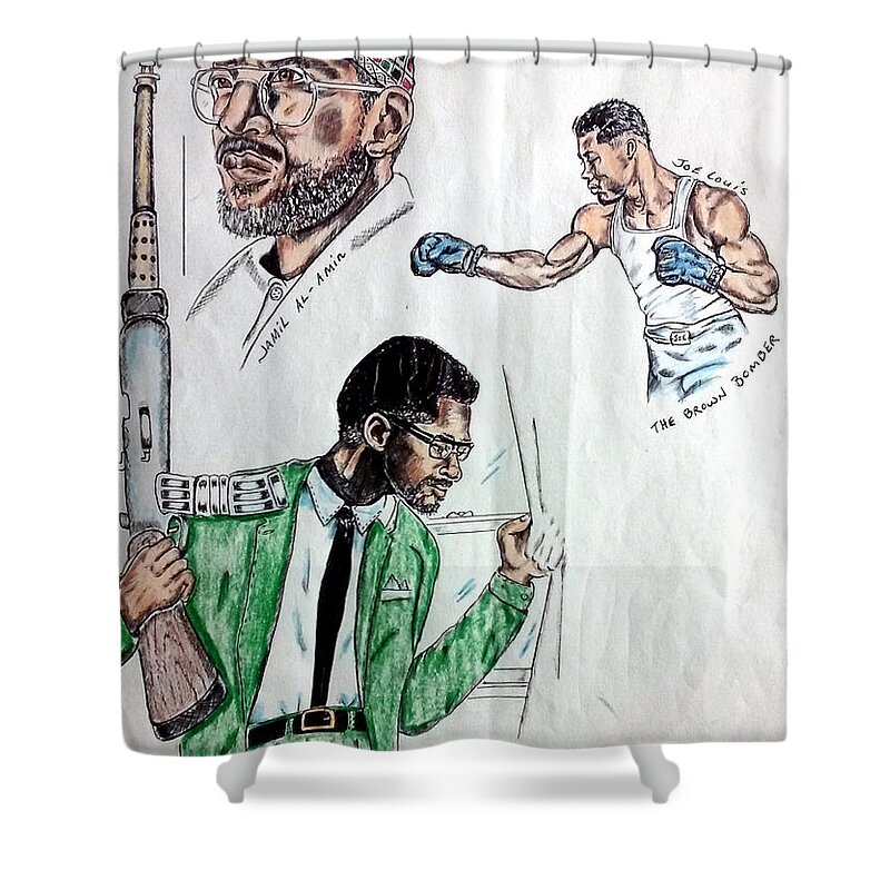 Black Art Shower Curtain featuring the drawing Joe, Brown, and Malcolm by Joedee
