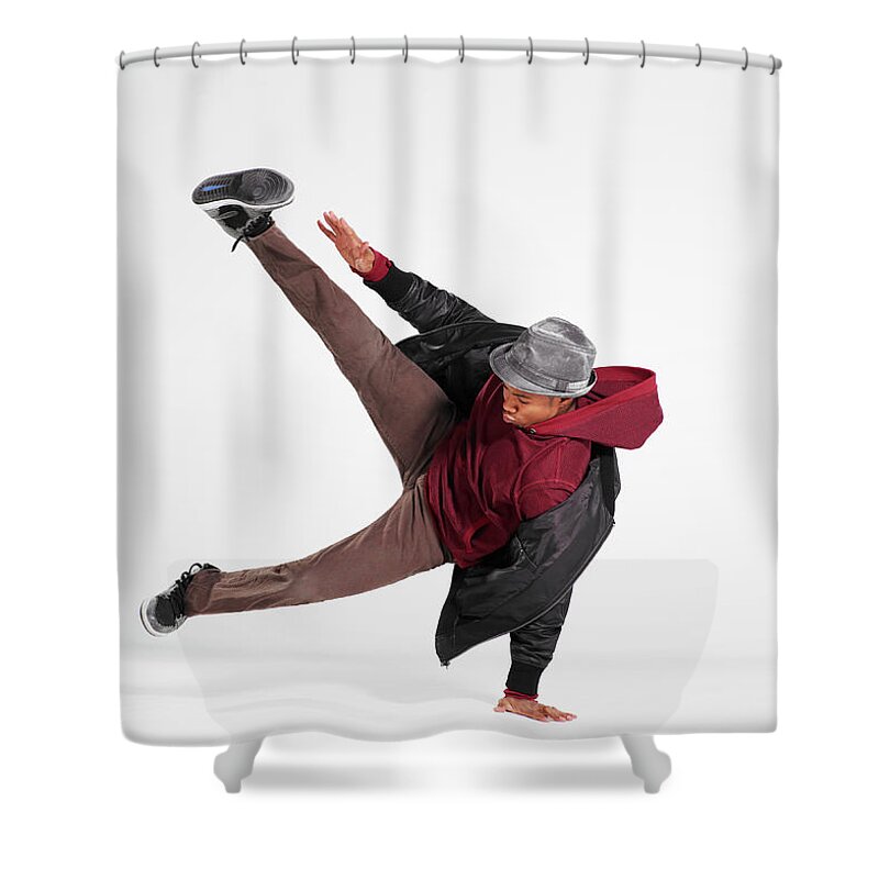 Hooded Shirt Shower Curtain featuring the photograph Jumping Man by Blake Little