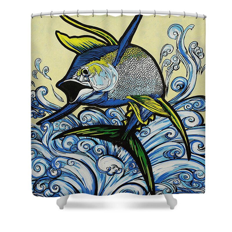 Yellowfin Shower Curtain featuring the painting Jumping Tuna by John Gibbs