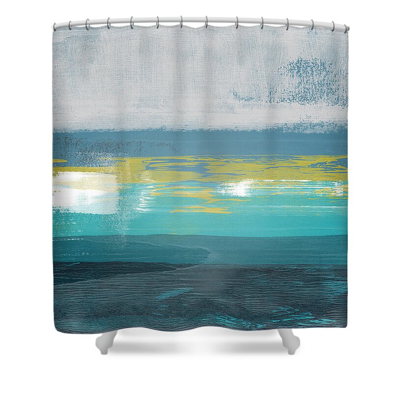Abstract Shower Curtain featuring the painting Jungle Blue Horizon Abstract Study by Naxart Studio