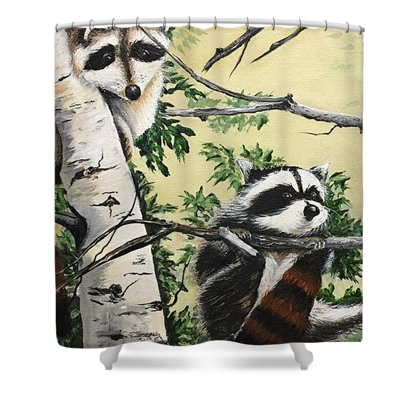 Raccoon Shower Curtain featuring the painting Just Hanging in There by Sharon Duguay