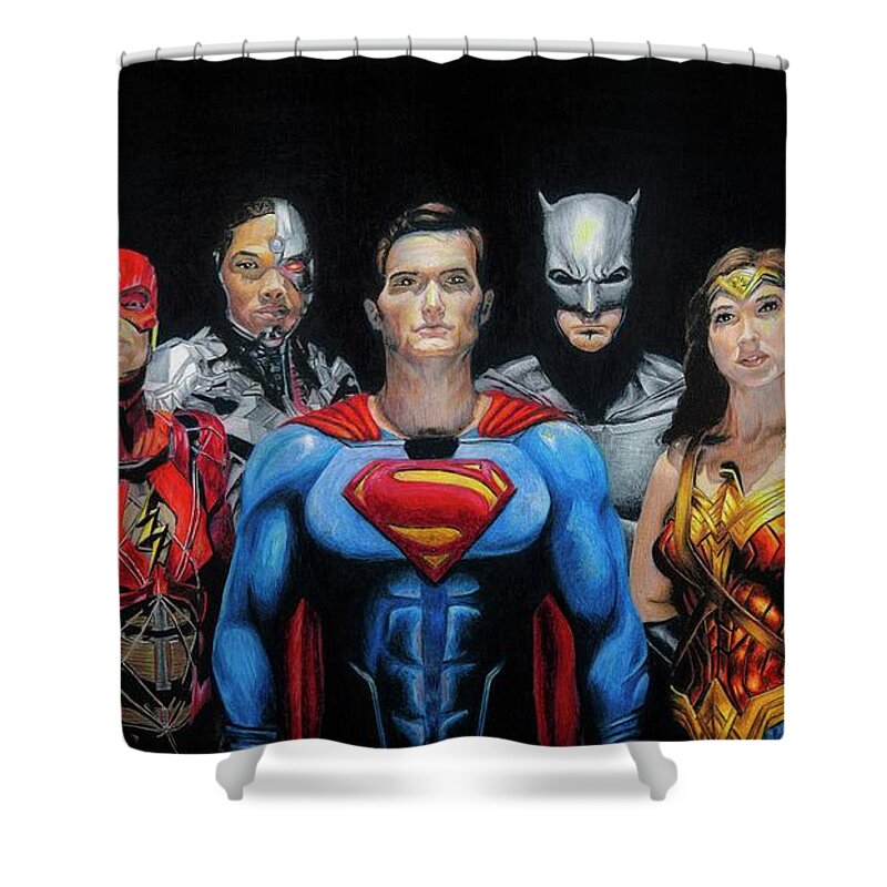 Justice League Shower Curtain featuring the drawing Justice League by Philippe Thomas
