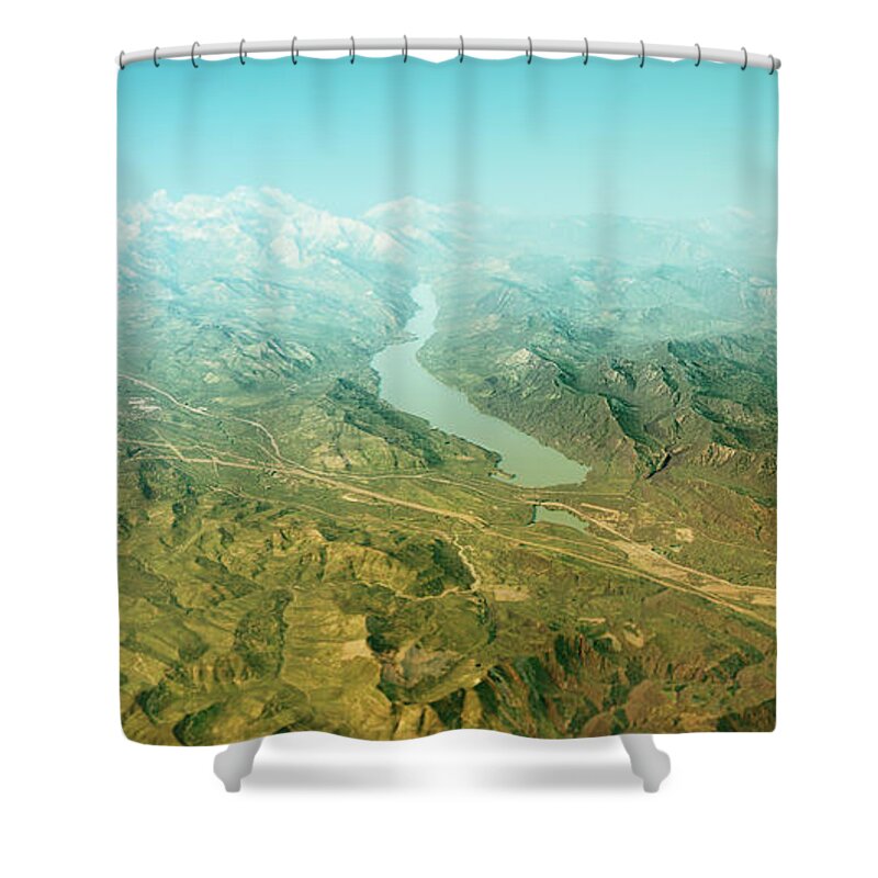 Kachess Lake Shower Curtain featuring the digital art Kachess Lake 3D Render Topographic Map Color Horizon by Frank Ramspott