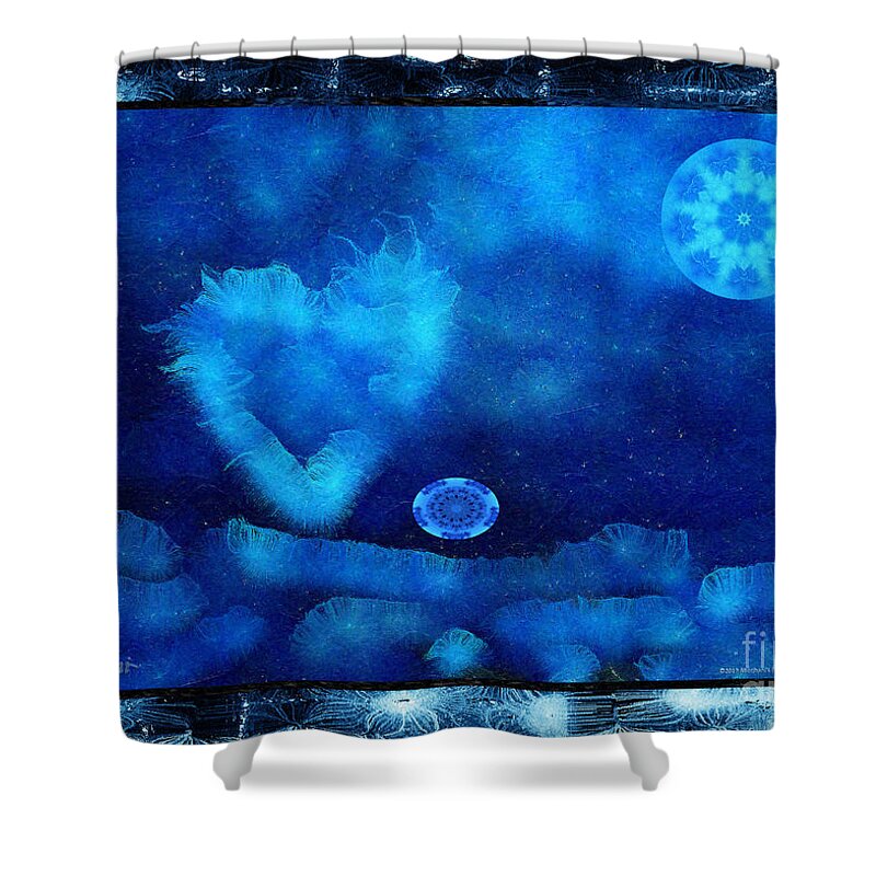 Moon Shower Curtain featuring the digital art Kaleidoscope Moon for Children Gone Too Soon Number 4 - Cerulean Valentine by Aberjhani