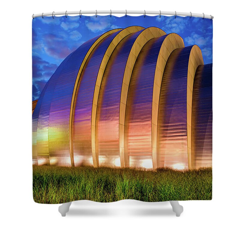 America Shower Curtain featuring the photograph Kansas City Kauffman Center at Dawn by Gregory Ballos