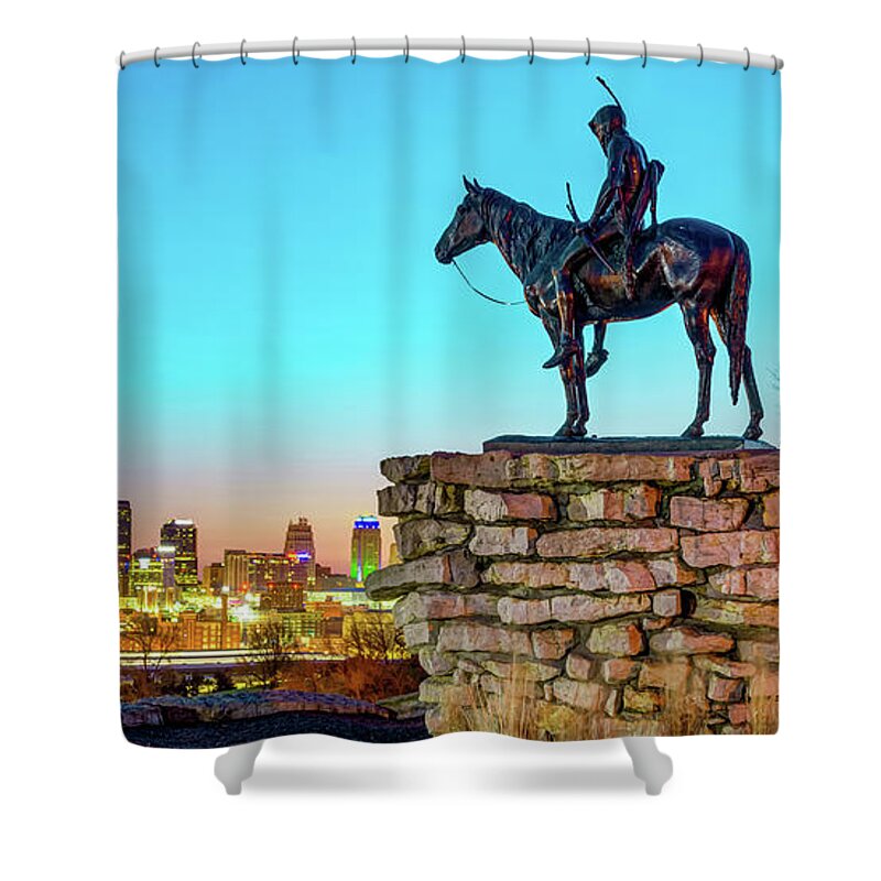 America Shower Curtain featuring the photograph Kansas City Scout and Skyline Panorama by Gregory Ballos