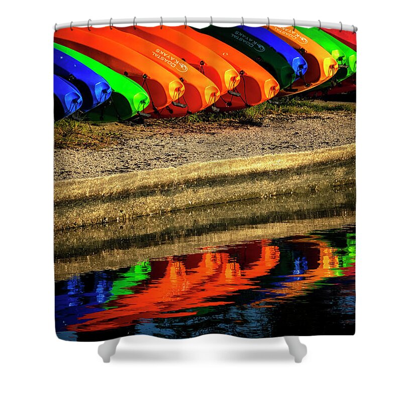 Barberville Roadside Yard Art And Produce Shower Curtain featuring the photograph Kayak Reflections by Tom Singleton