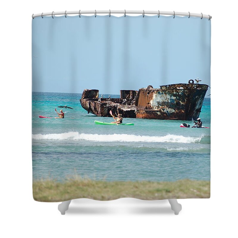 Kayaking Shower Curtain featuring the photograph Kayaking Around An Aruba Shipwreck by Dennis Schmidt