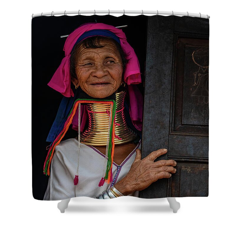 Brass Rings Shower Curtain featuring the photograph Kayan Lahwi Long Necked Lady by Chris Lord