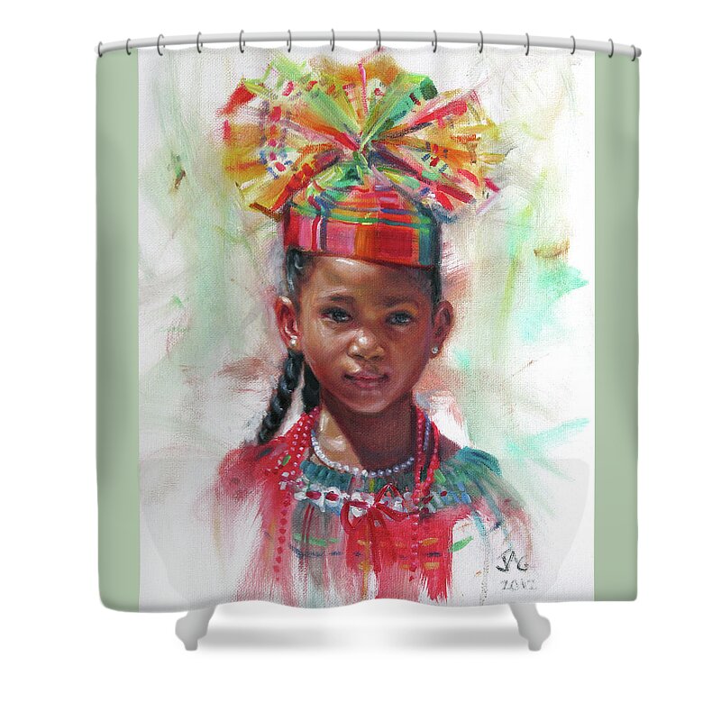 Caribbean Art Shower Curtain featuring the painting Kejeem with Fanhat by Jonathan Gladding