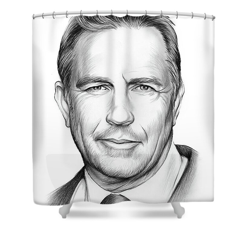 Kevin Costner Shower Curtain featuring the drawing Kevin Costner by Greg Joens