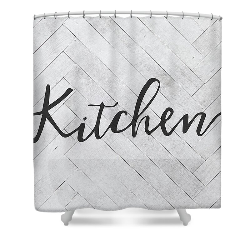Kitchen Shower Curtain featuring the mixed media Kitchen Farmhouse Sign Script Vintage Farm Retro Typography by Design Turnpike