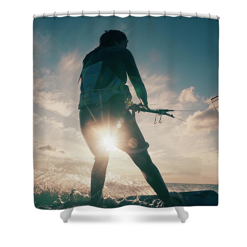 Mid Adult Women Shower Curtain featuring the photograph Kitesurfing by Ben Welsh / Design Pics