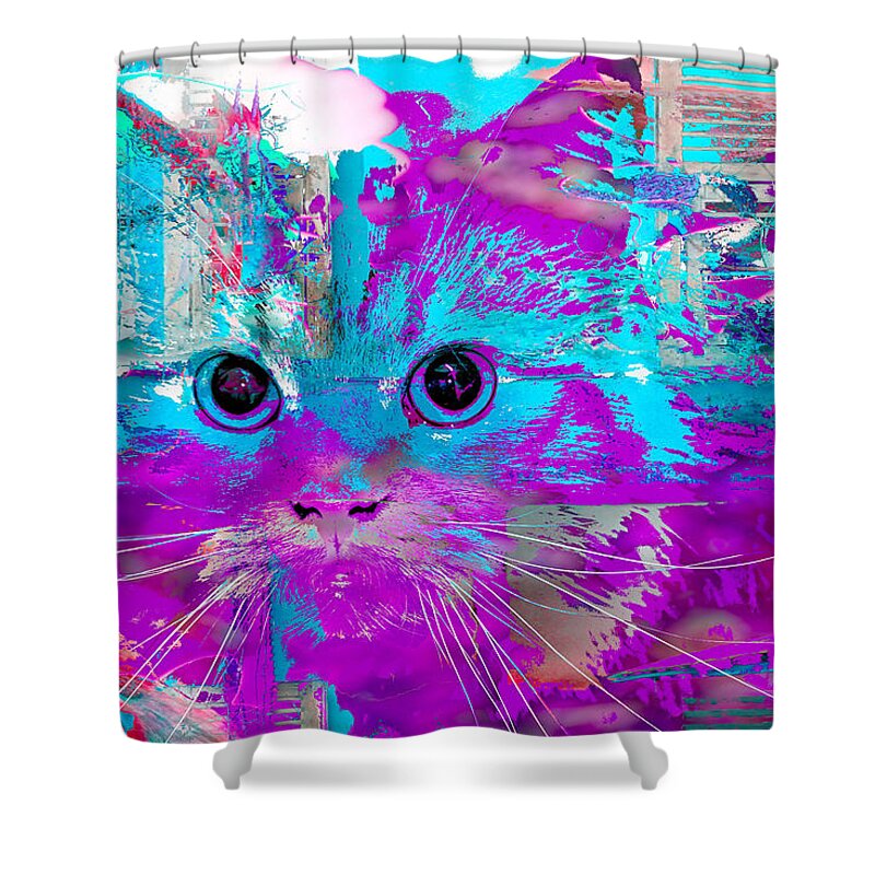 Kitten Shower Curtain featuring the digital art Kitty Collage Blue by Don Northup