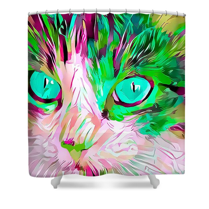 Green Shower Curtain featuring the digital art Kitty Love Green by Don Northup