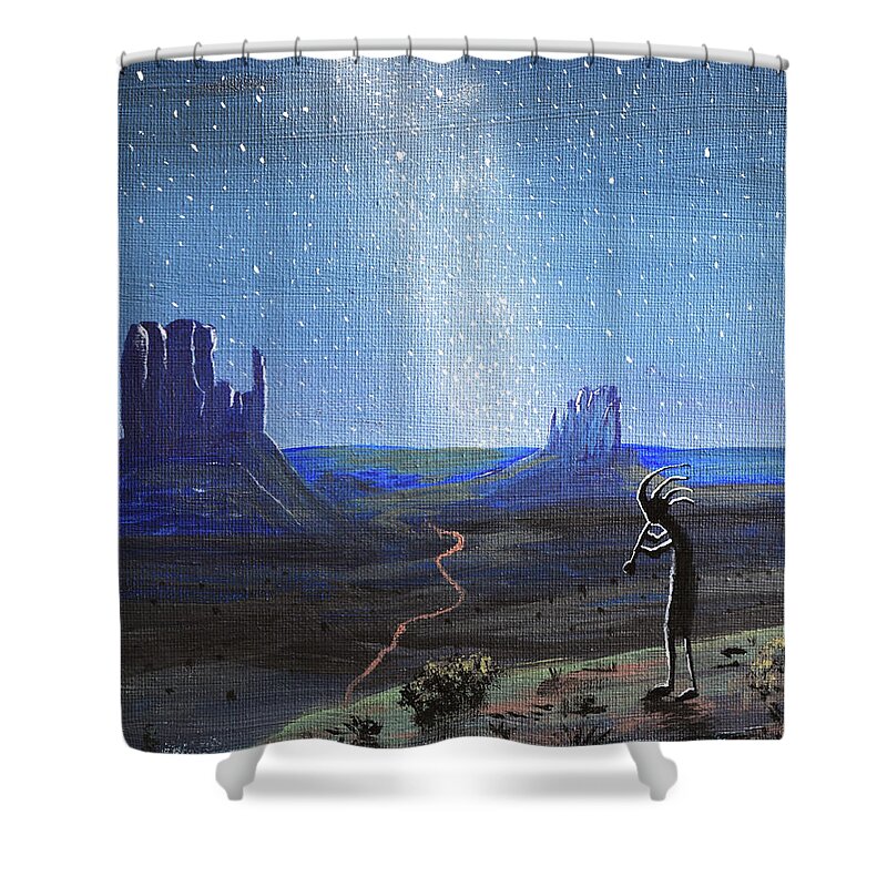 Kokopelli Shower Curtain featuring the painting Kokopelli and Milky Way Stars at Monument Valley by Chance Kafka