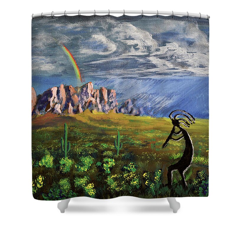 Kokopelli Shower Curtain featuring the painting Kokopelli and the Superstition Mountains by Chance Kafka