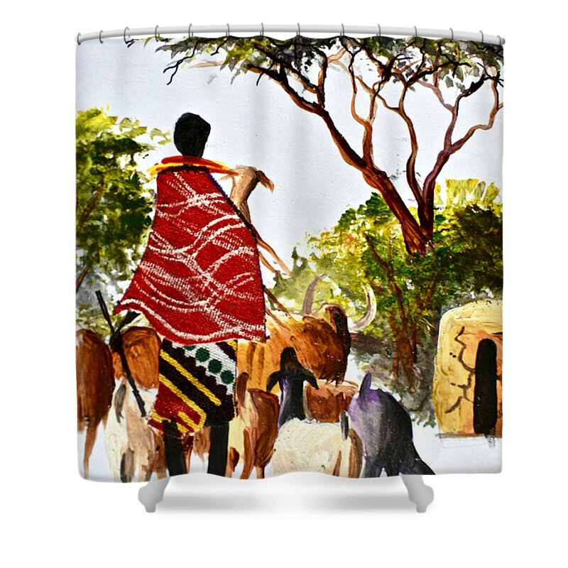 Africa Shower Curtain featuring the painting L-261 by Albert Lizah