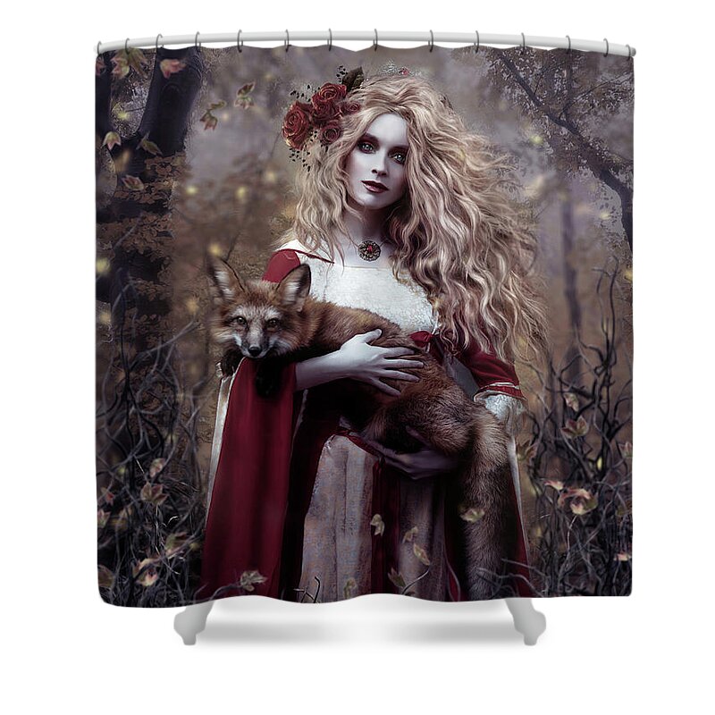 Lady And The Fox Shower Curtain featuring the mixed media Lady and the Fox by Shanina Conway