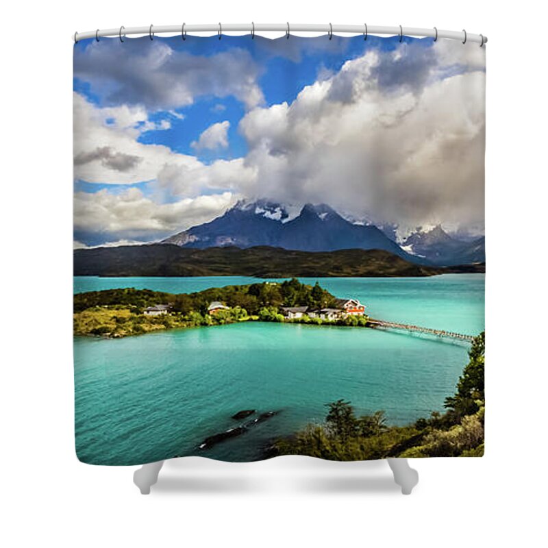 Lake Shower Curtain featuring the photograph Lago Pehoe, Chile by Lyl Dil Creations