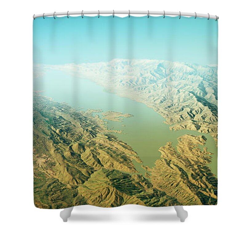 Lake Berryessa Shower Curtain featuring the digital art Lake Berryessa 3D Render Topographic Map Horizon by Frank Ramspott