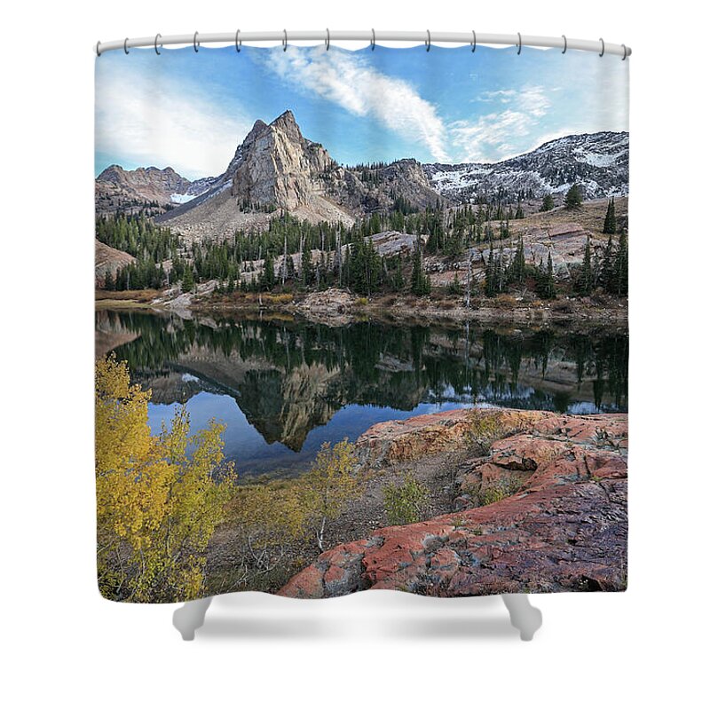 Utah; Landscape; Aspen; Autumn; Fall; Foliage; Granite; Yellow; Golden; Orange; Glow; Blue; Leaves; Wasatch Mountains; Little Cottonwood Canyon; Shower Curtain featuring the photograph Lake Blanche and the Sundial - Big Cottonwood Canyon, Utah - October '06 by Brett Pelletier