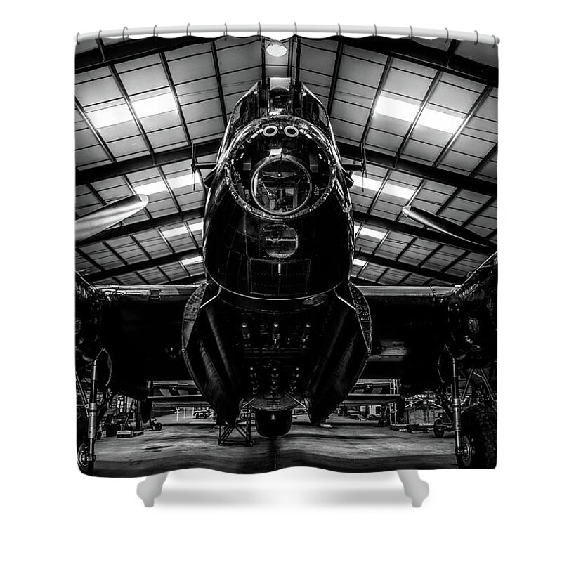 Aircraft Just Jane Shower Curtain featuring the photograph Lancaster Bomber Just Jane BNW by Scott Lyons