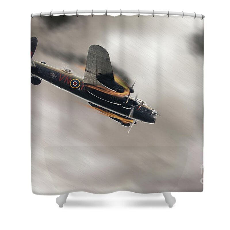 Lancaster Bomber Shower Curtain featuring the photograph Lancaster bomber on fire crashing by Simon Bratt