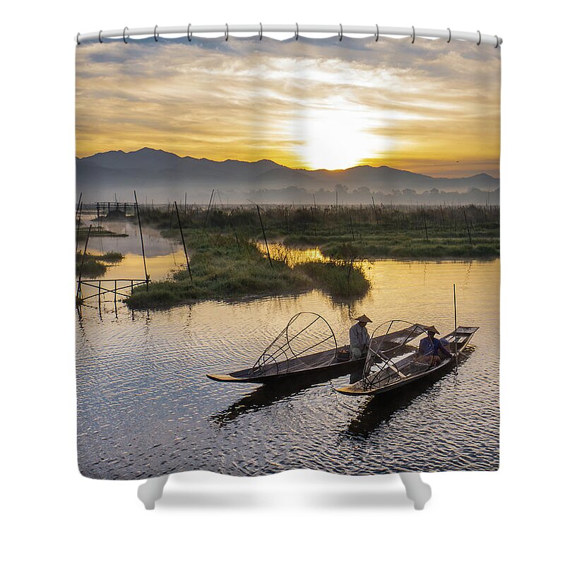Fisherman Shower Curtain featuring the photograph landscape of sunrise on Lake Inle, Myanmar by Ann Moore