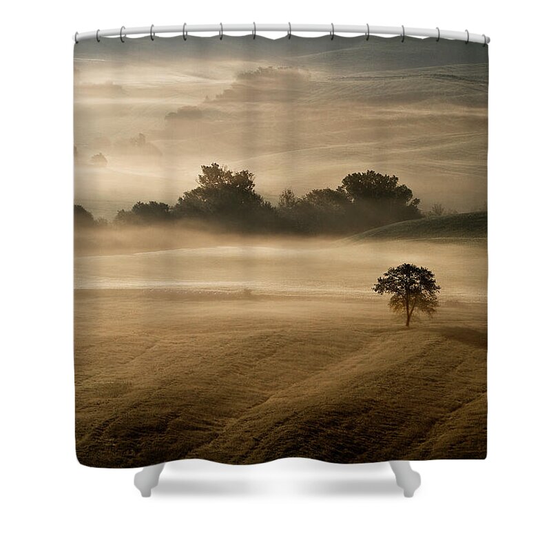Scenics Shower Curtain featuring the photograph Landscape With Fog At Early Morning by Enzo D.