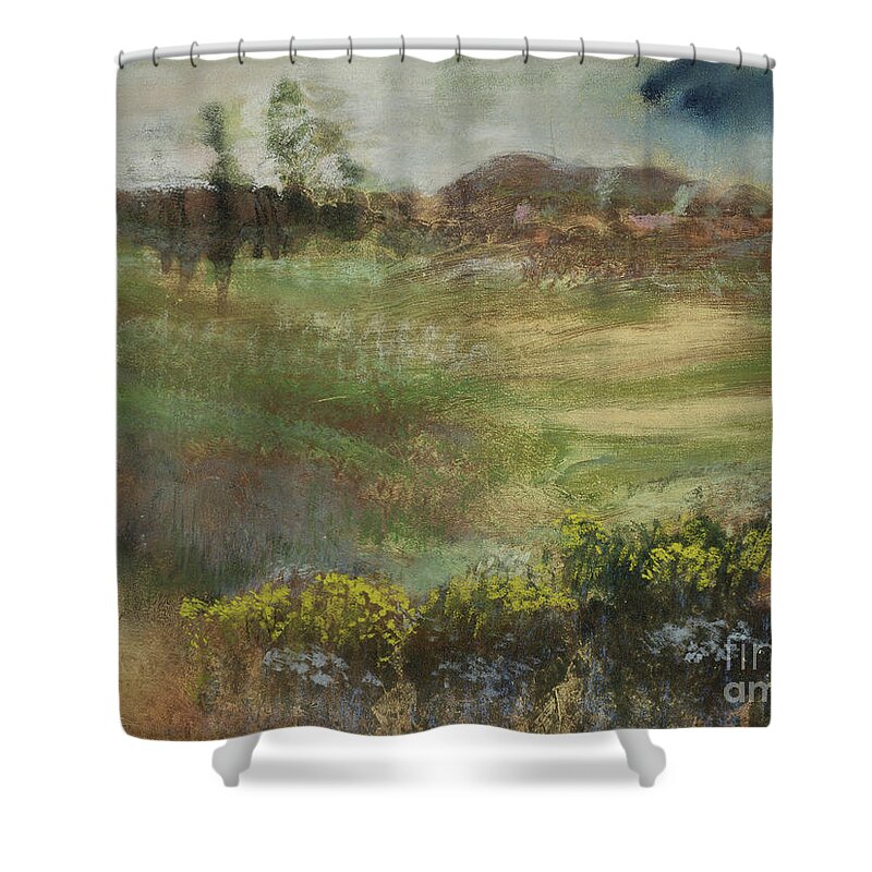Edgar Shower Curtain featuring the painting Landscape With Smokestacks, 1890 Pastel By Degas by Edgar Degas