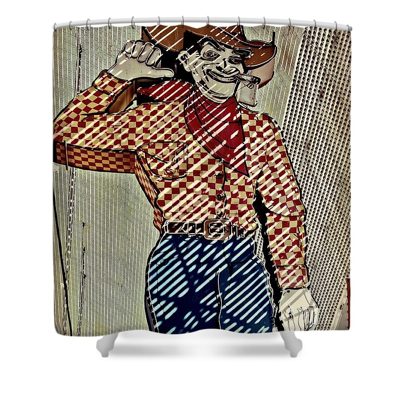 Vegas Vic Shower Curtain featuring the photograph Vegas Vic Neon Cowboy by Mary Pille