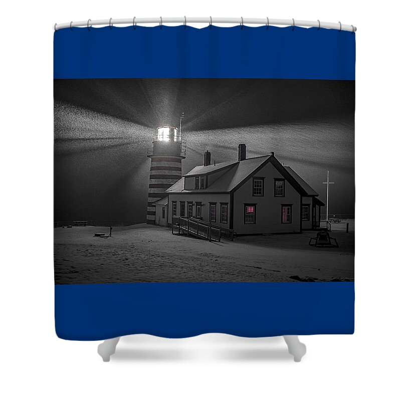 Late Night Snow Squall At West Quoddy Head Lighthouse Shower Curtain featuring the photograph Late Night Snow Squall at West Quoddy Head Lighthouse by Marty Saccone