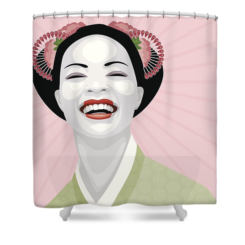 Asian And Indian Ethnicities Shower Curtain featuring the digital art Laughing Geisha by Bortonia
