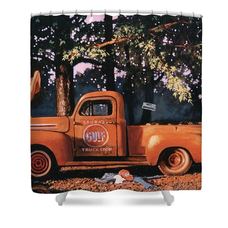 Vintage Cars Shower Curtain featuring the painting Laura's Truck Stop by Blue Sky